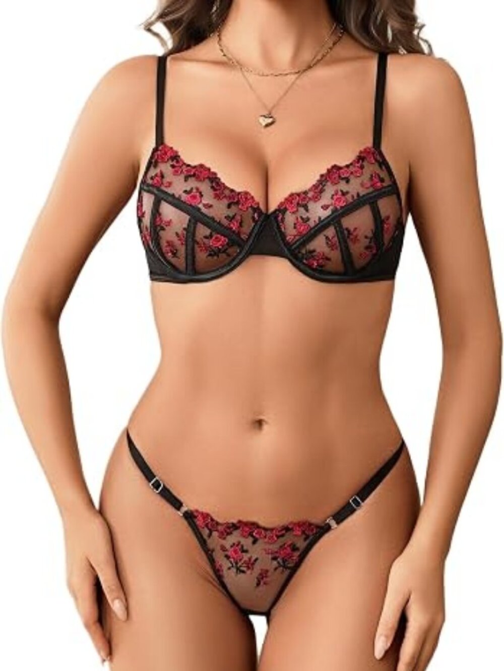 Lace Trim Sheer Mesh Maxi Lingerie Gown Set